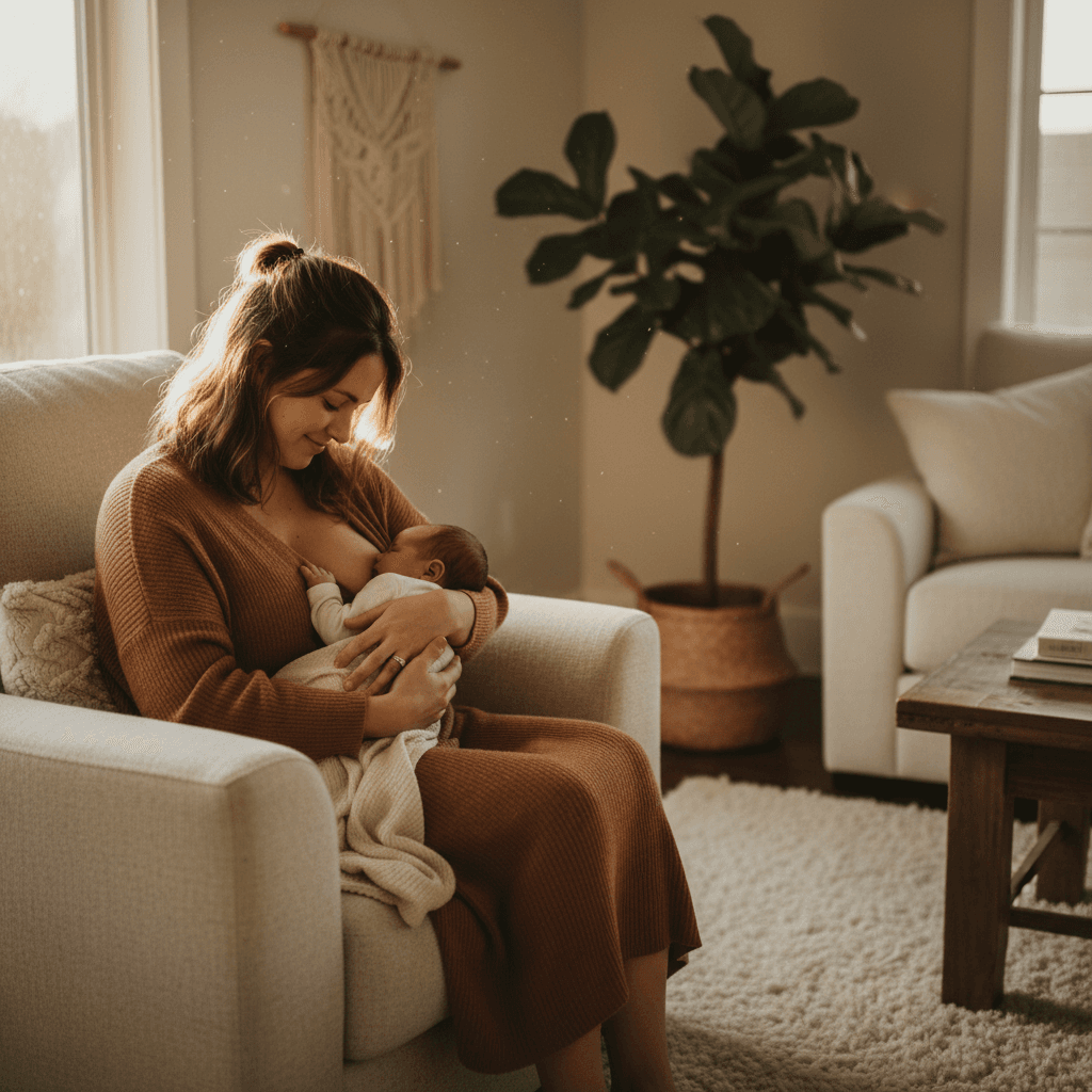 Mother nursing her newborn in a sunlit living room while an IBCLC consultant observes nearby