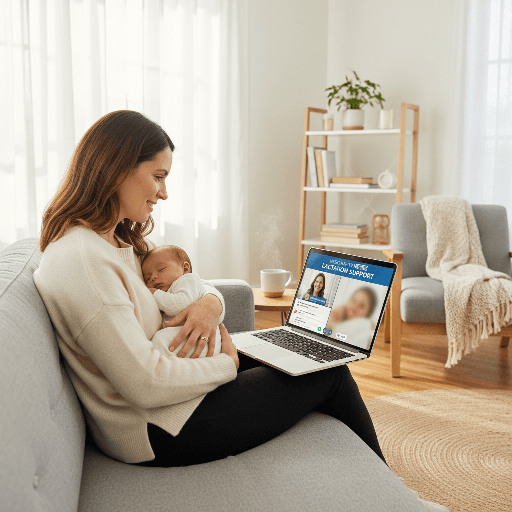 Mother on a couch using a laptop for a virtual lactation consultation in a sunlit room