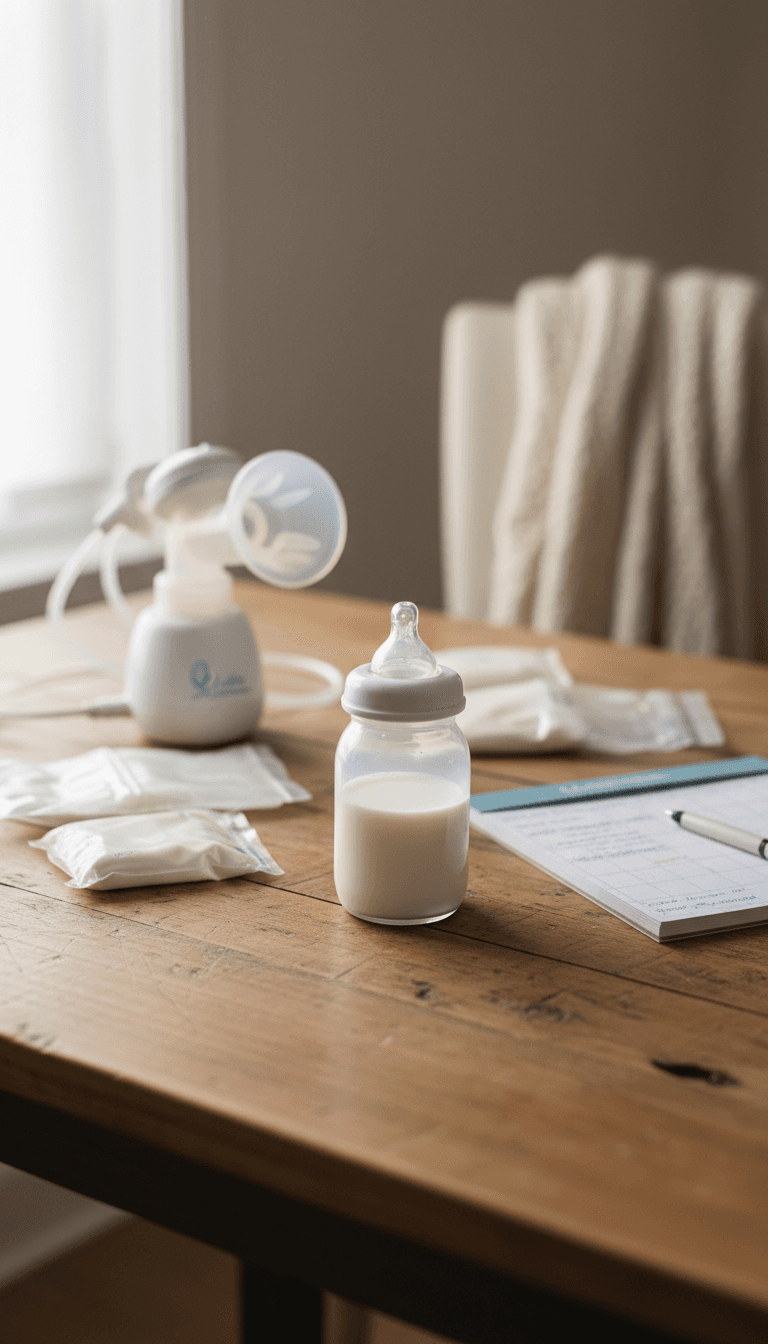 Breast pump, milk storage bottles, and a notebook arranged on a table for a pumping plan