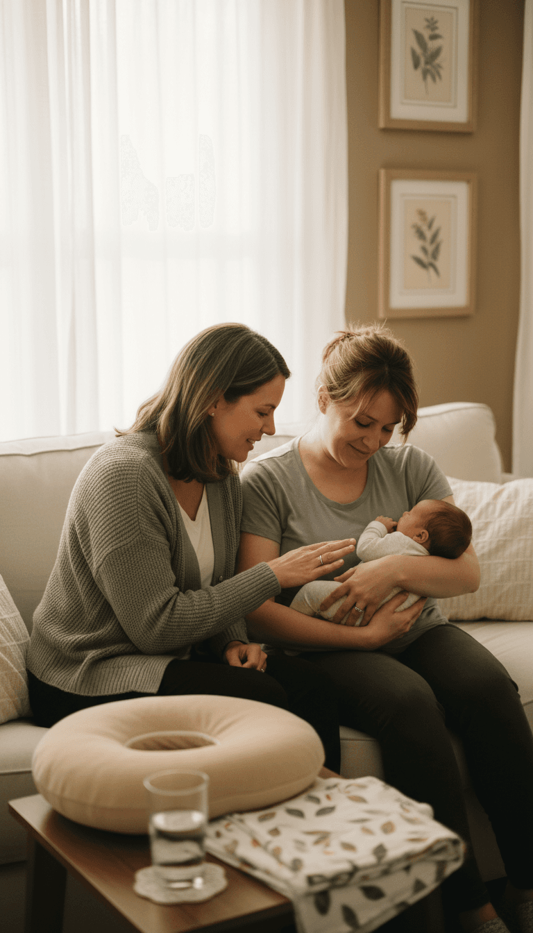 Lactation consultant supporting a mother during a feeding consultation at home