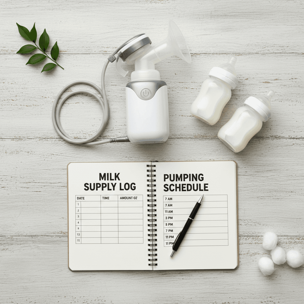 Flat lay of a breast pump, storage bottles, and a notebook on a pale wood table