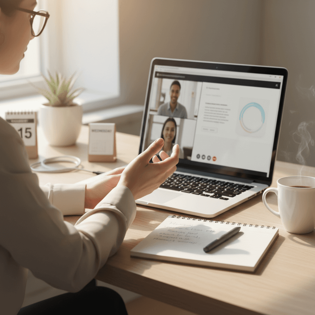 Lactation consultant leading a virtual video consult from a calm home office