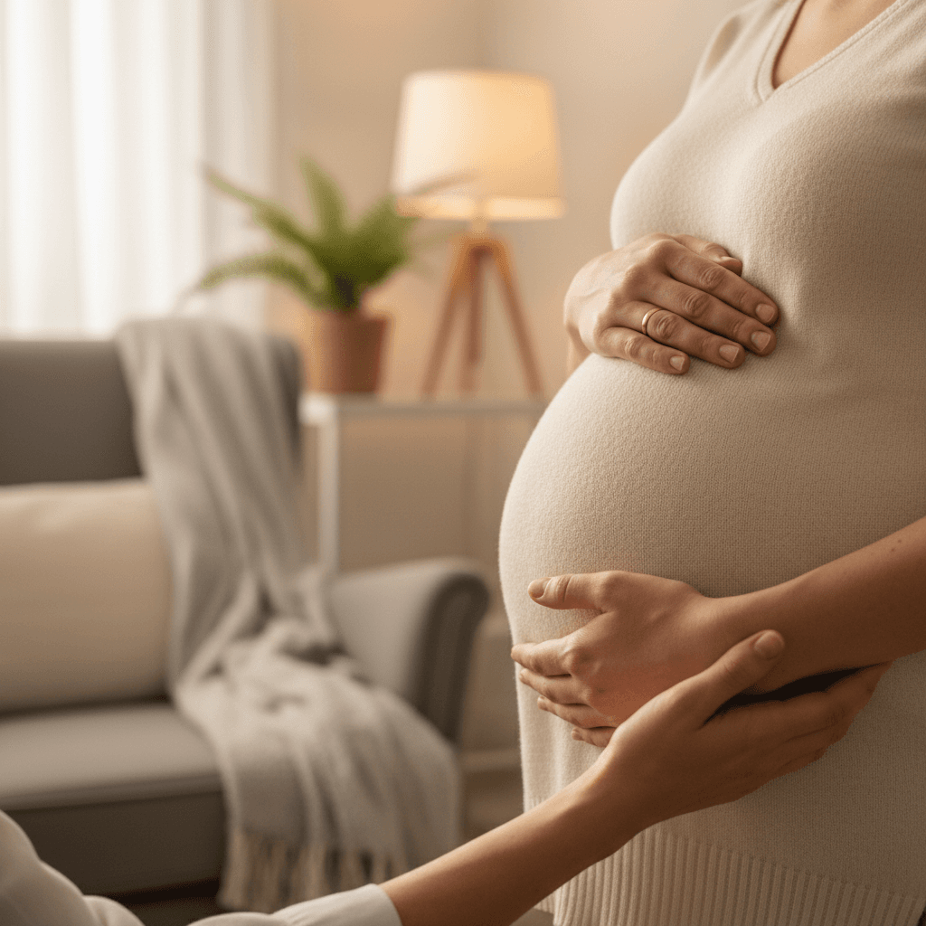 Pregnant woman cradling belly with healthcare provider's supportive hands during prenatal wellness consultation in soft natural light