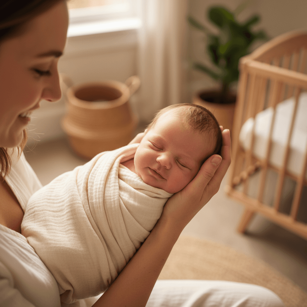 Mother nursing her newborn during a calm in-home lactation consult