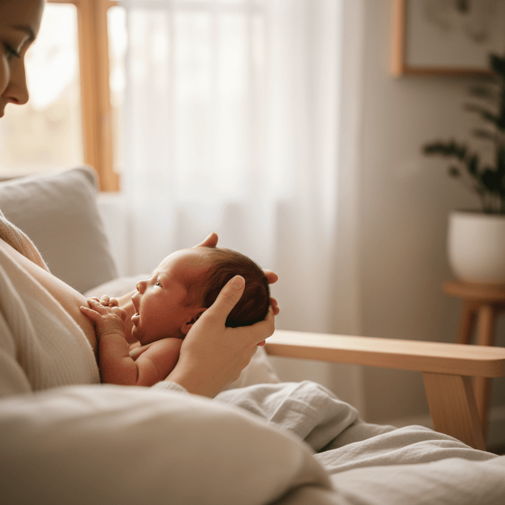 Mother gently guiding newborn's breastfeeding latch in soft, naturally-lit bedroom during tender bonding moment