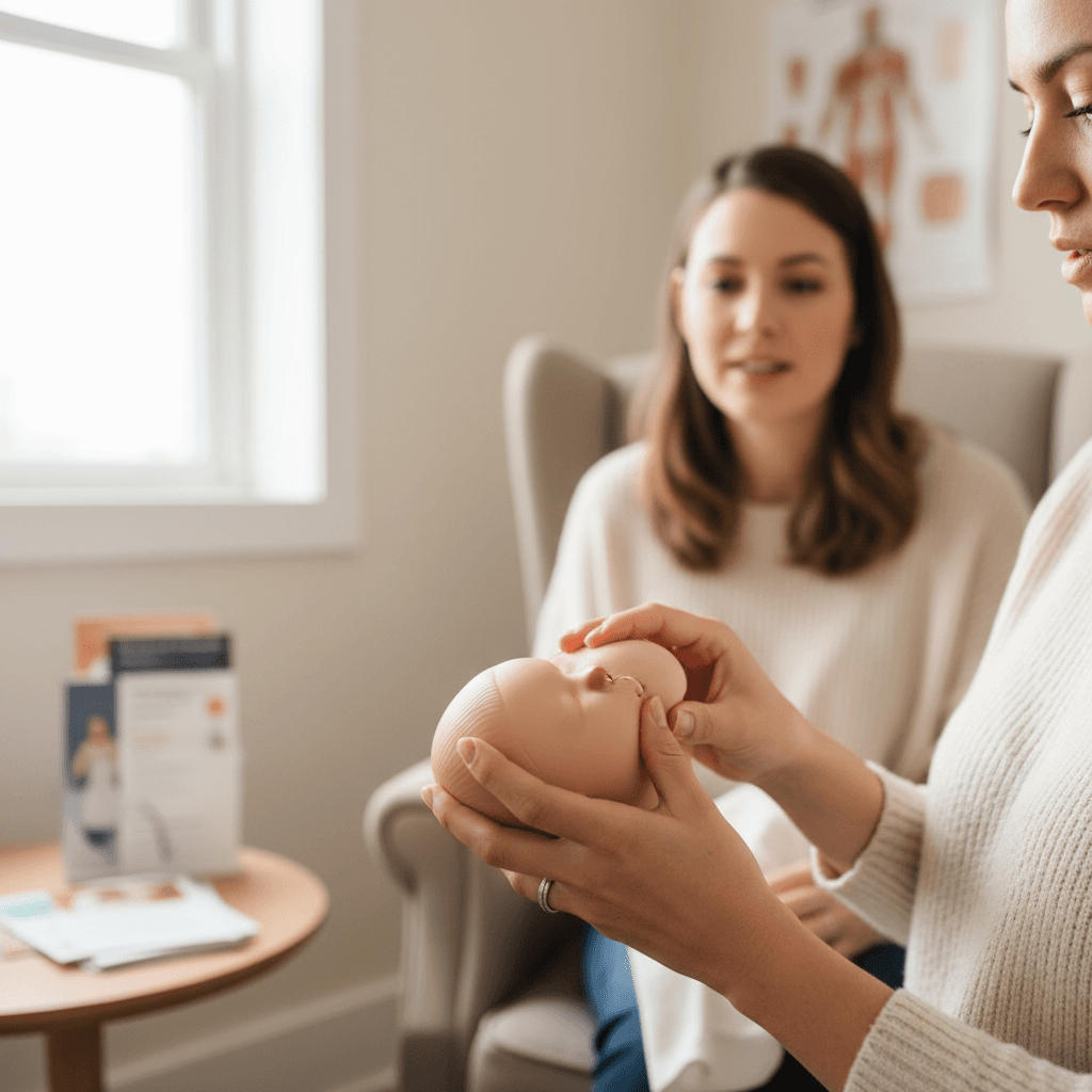 Lactation consultant guiding a parent through a feeding session at home
